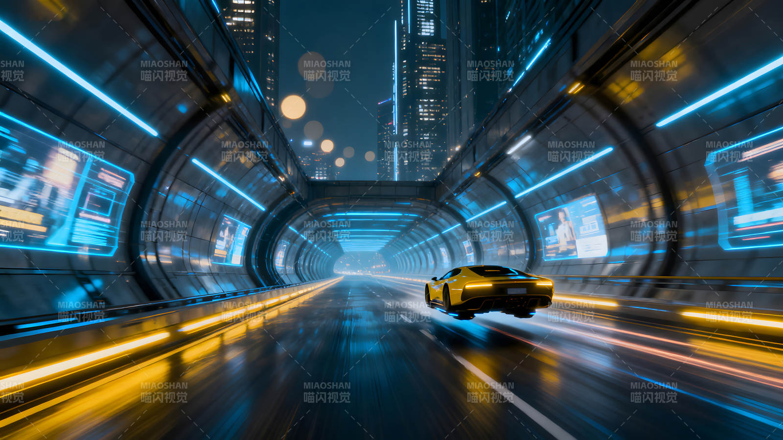 未来城市隧道极速行驶的跑车图片