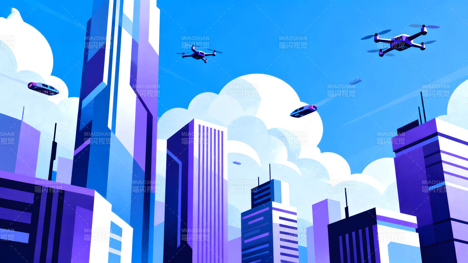 未来城市天空中的无人机和飞行器图片