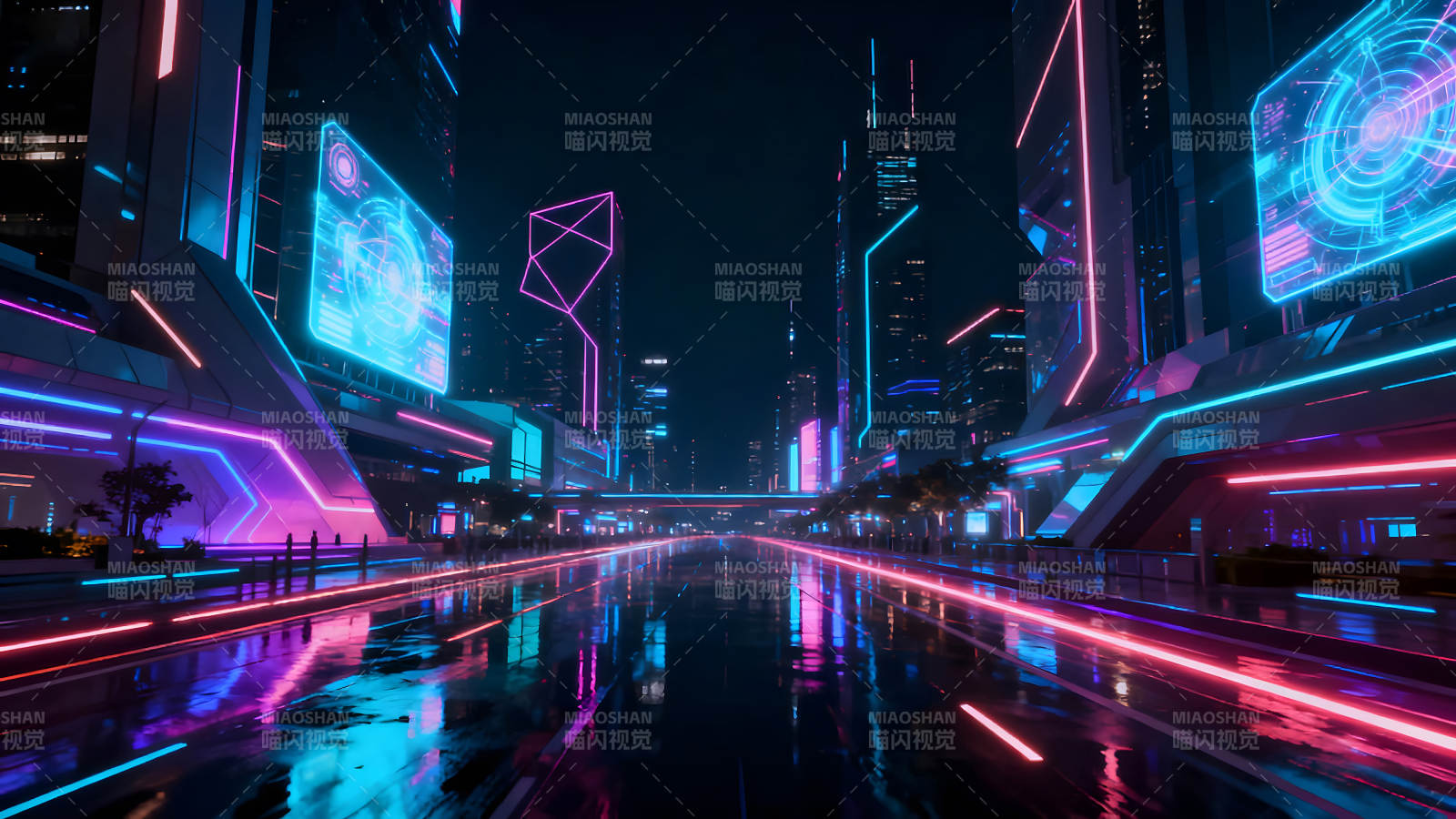 未来都市霓虹闪烁夜景图片