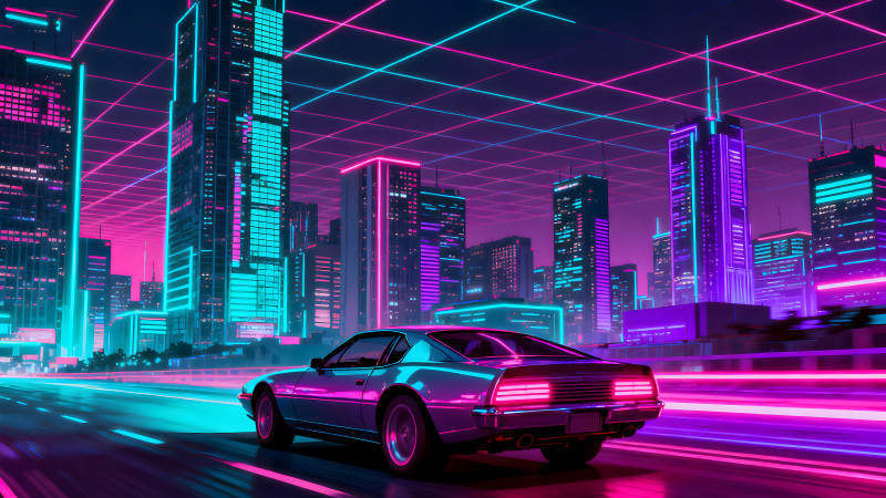 霓虹都市赛车驰骋夜空-图片