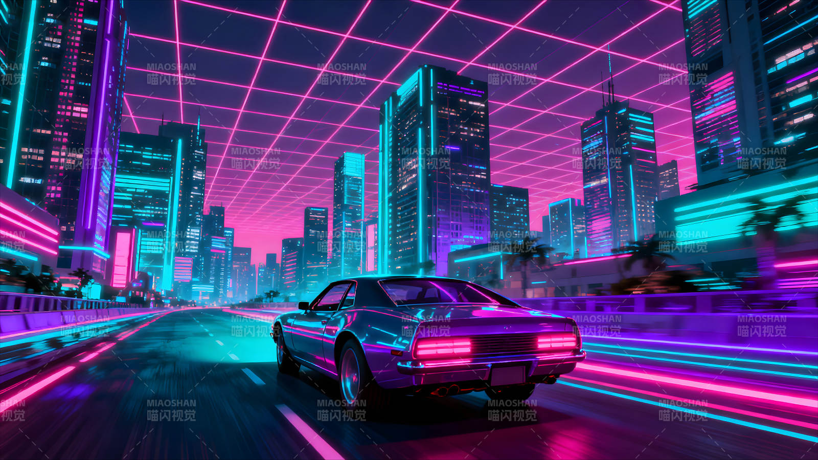 赛博朋克城市夜晚跑车疾驰-图片