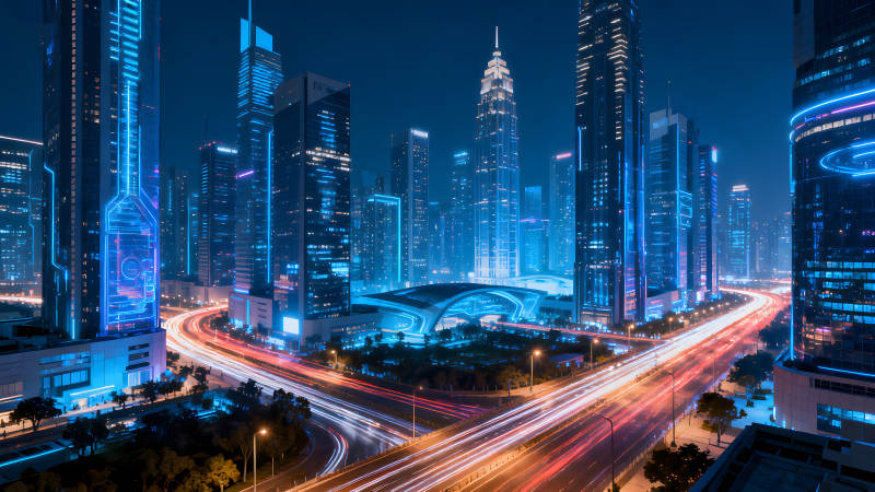 未來都市夜景霓虹燈光-圖片