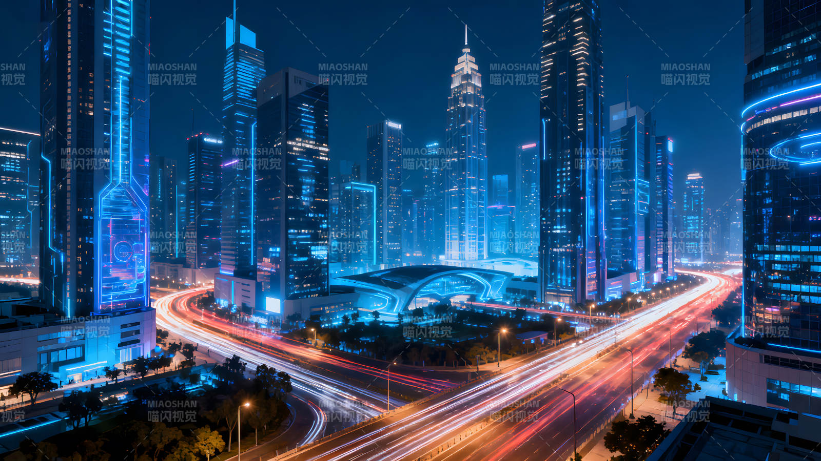 未來都市夜景霓虹燈光-圖片