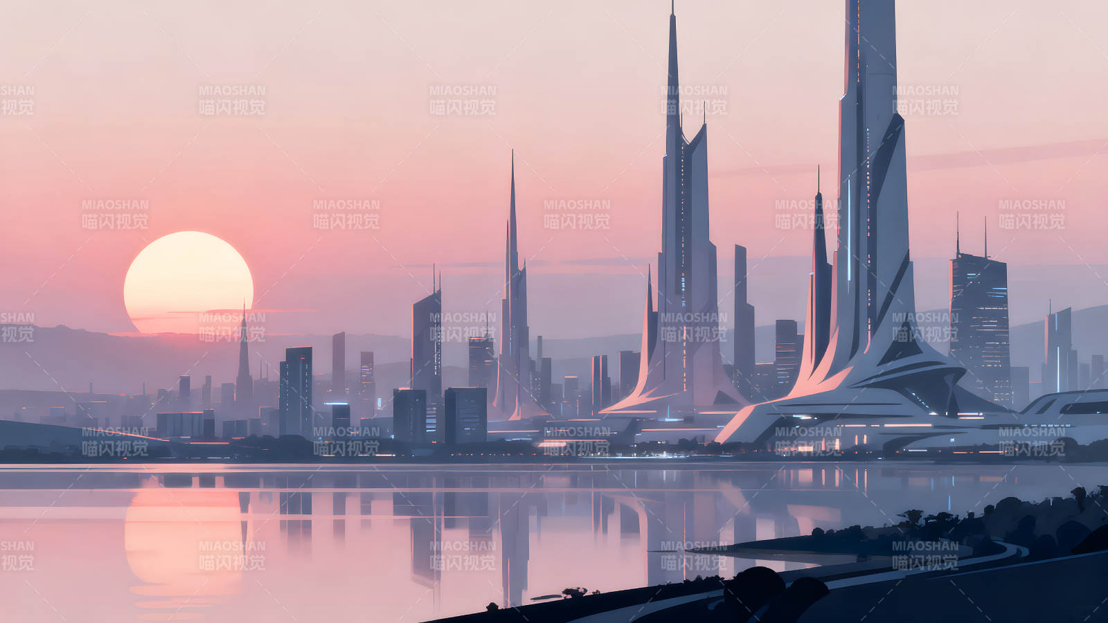 未来都市夕阳景色宁静氛围-图片