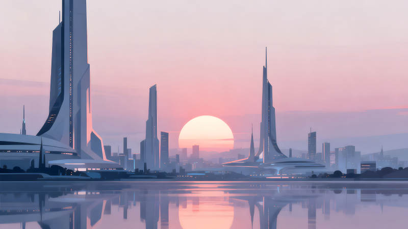 未來城市日落美景水面映襯-圖片