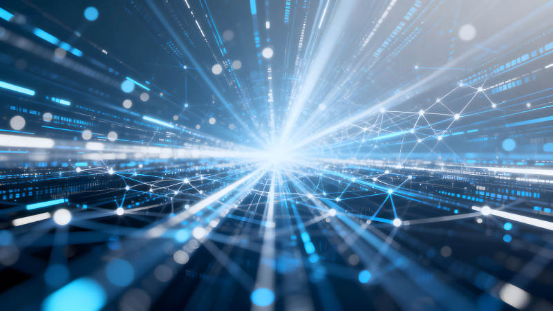 抽象科技感蓝色光束与节点网络-图片