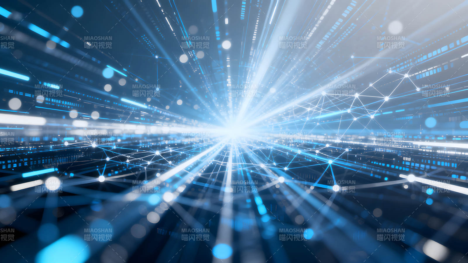 抽象科技感藍色光束與節點網絡-圖片