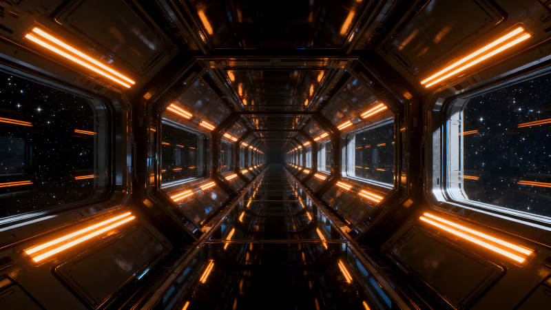 科幻飞船内部通道橙色灯光照亮夜空-图片