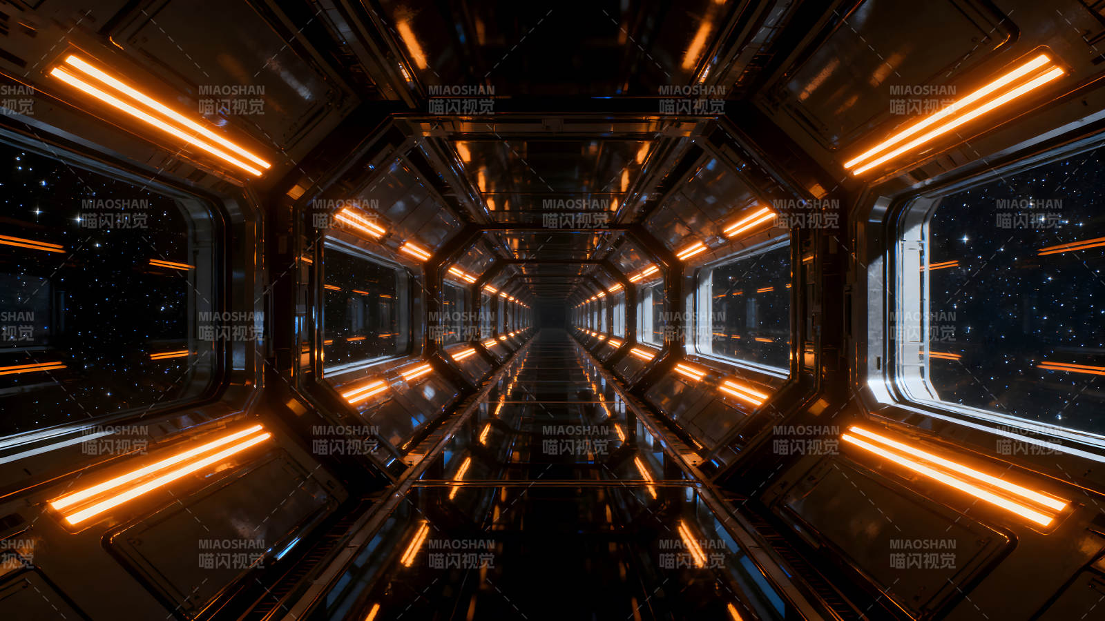 科幻飞船内部通道橙色灯光照亮夜空-图片