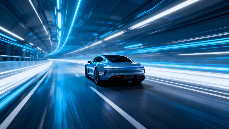 隧道中的蓝色汽车疾驰-图片