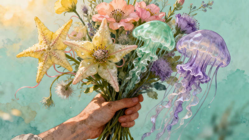 手捧奇幻花束水母星花-图片