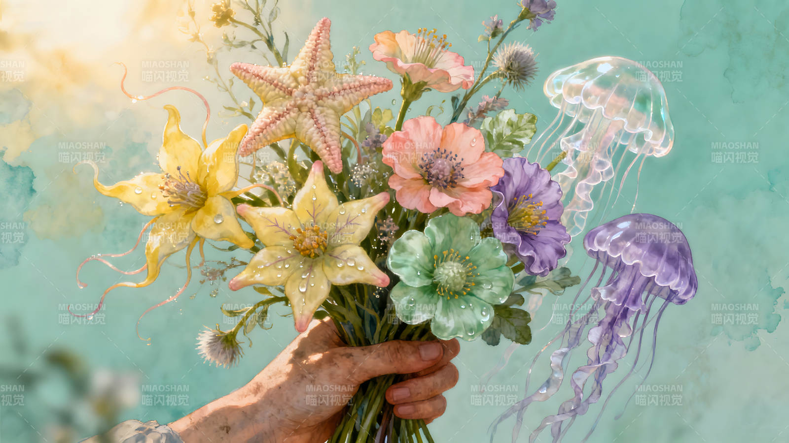 花束與水母的美麗組合-圖片