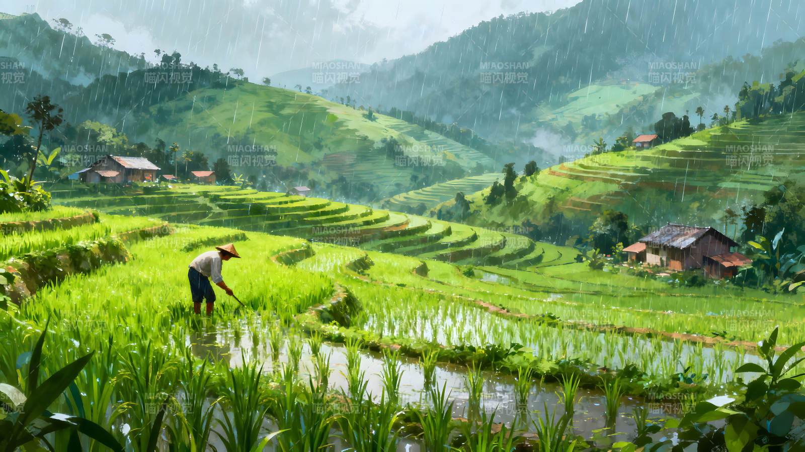 梯田雨景辛勤耕耘的農(nóng)夫-圖片