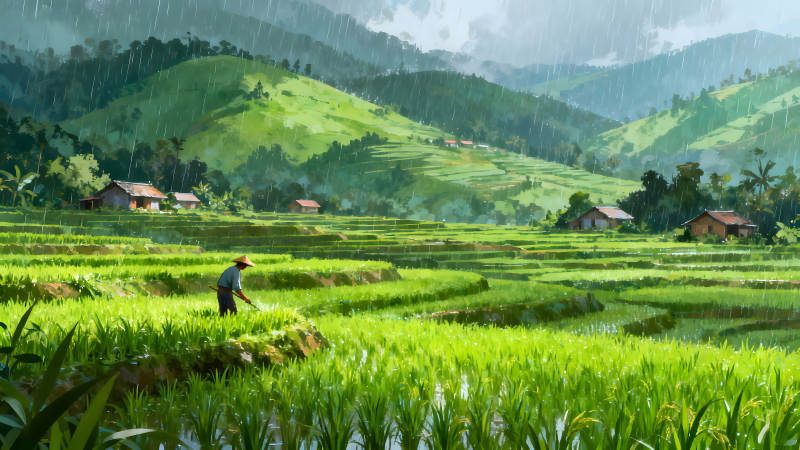 稻田雨景農民勞作山水田園-圖片
