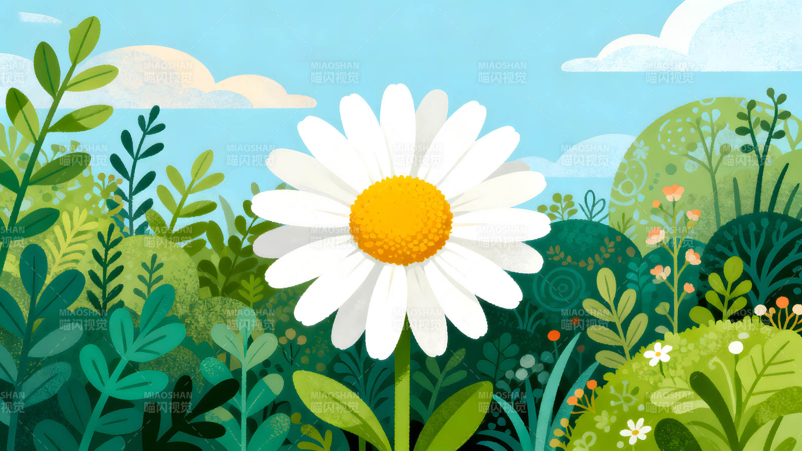 盛开的雏菊与绿色植被图片