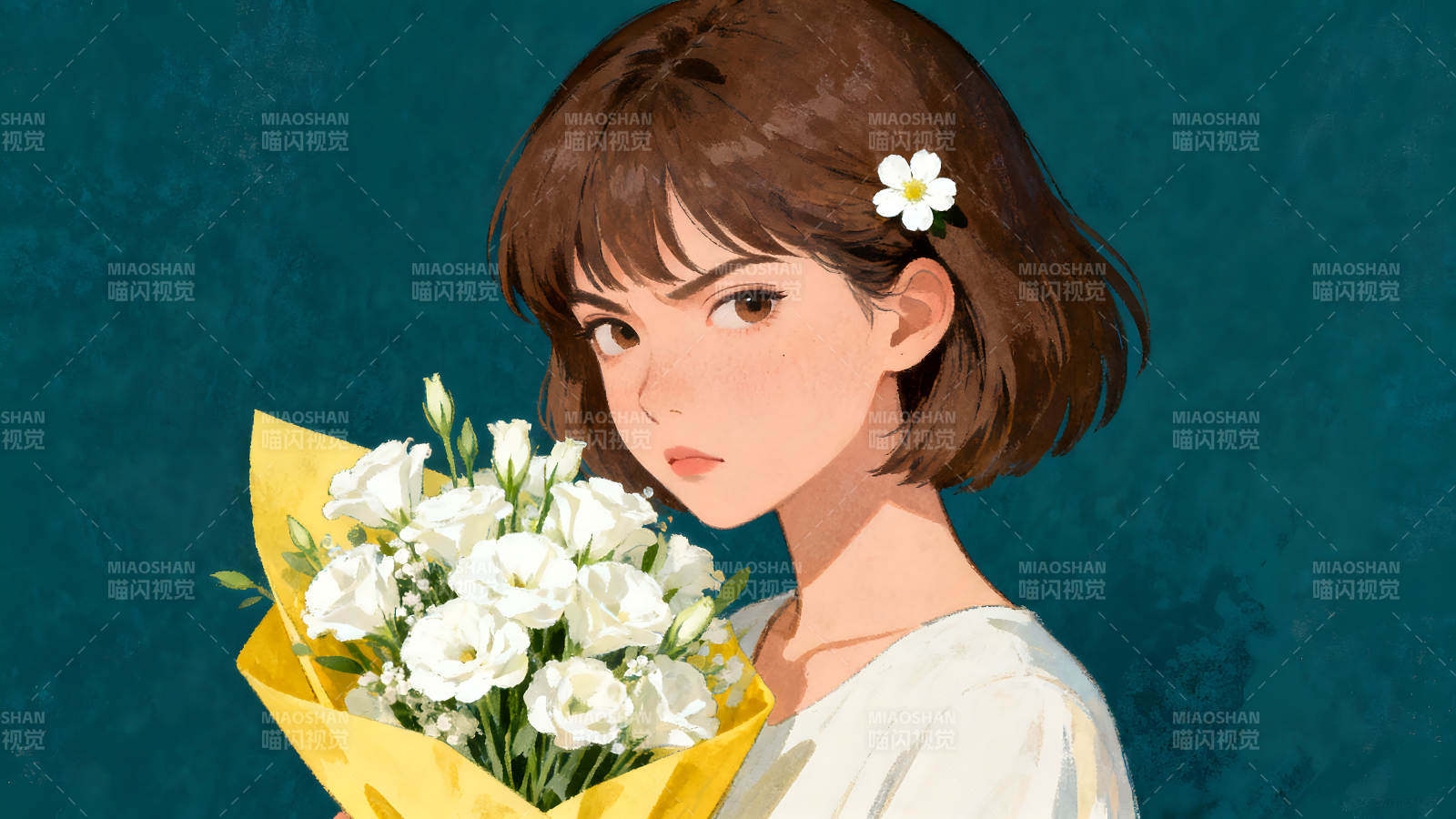 手捧鲜花的女孩凝视着你图片