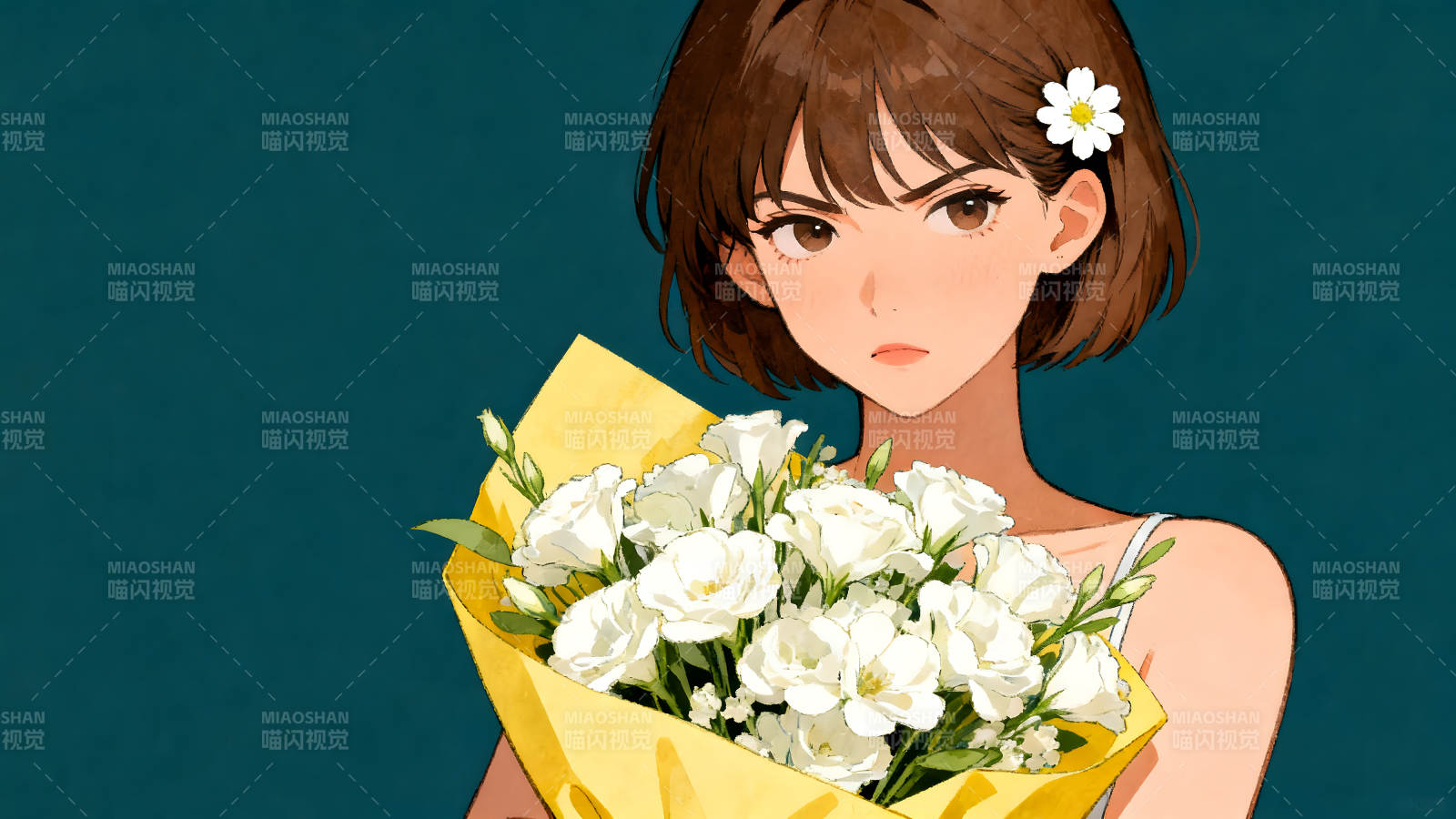 手捧鮮花的女孩帶著一絲不悅-圖片