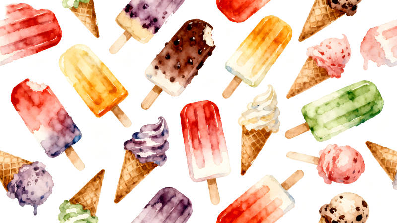 水彩冰棍和冰淇淋的夏日美味圖片