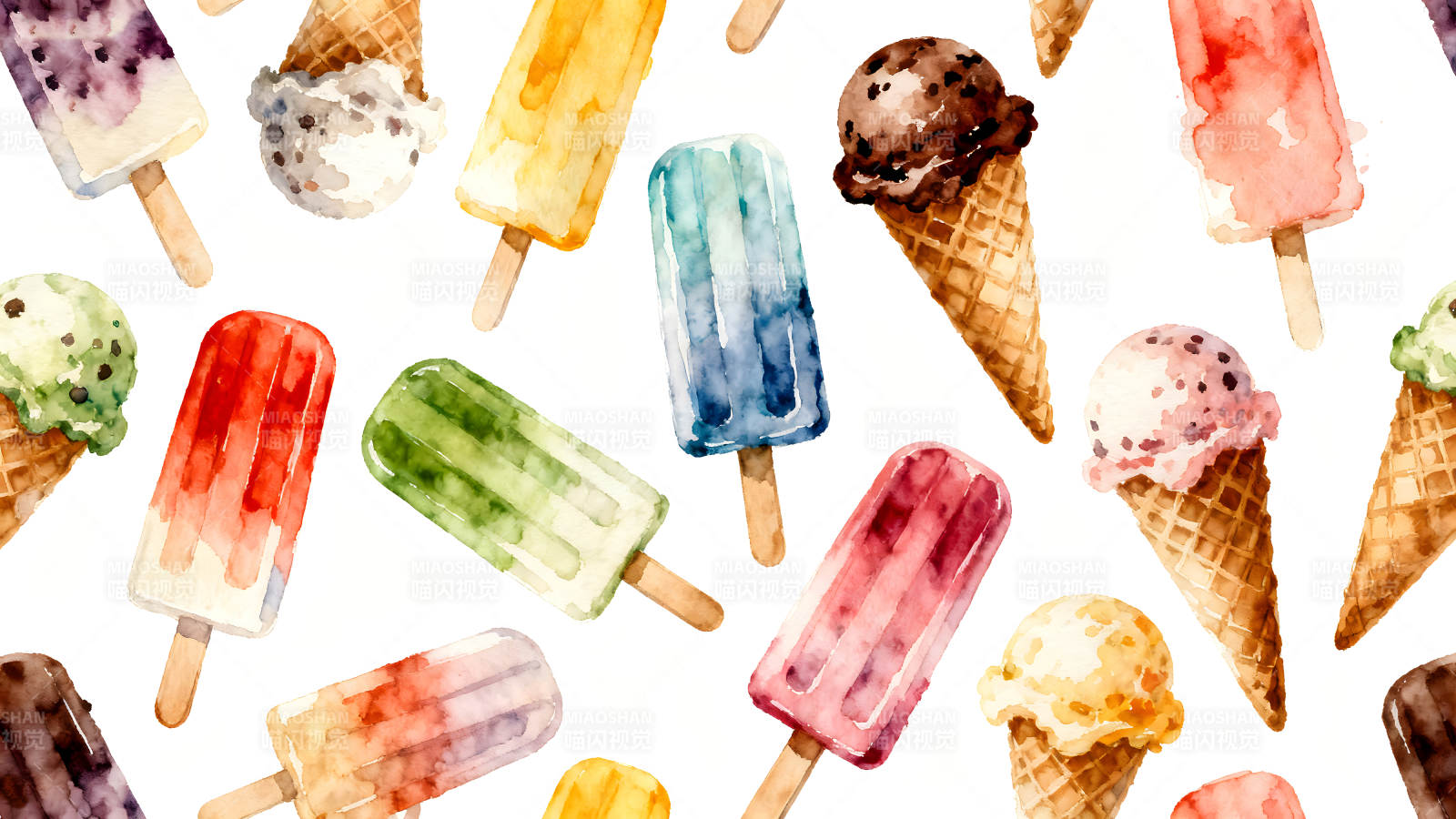 水彩冰淇淋与冰棒图案图片