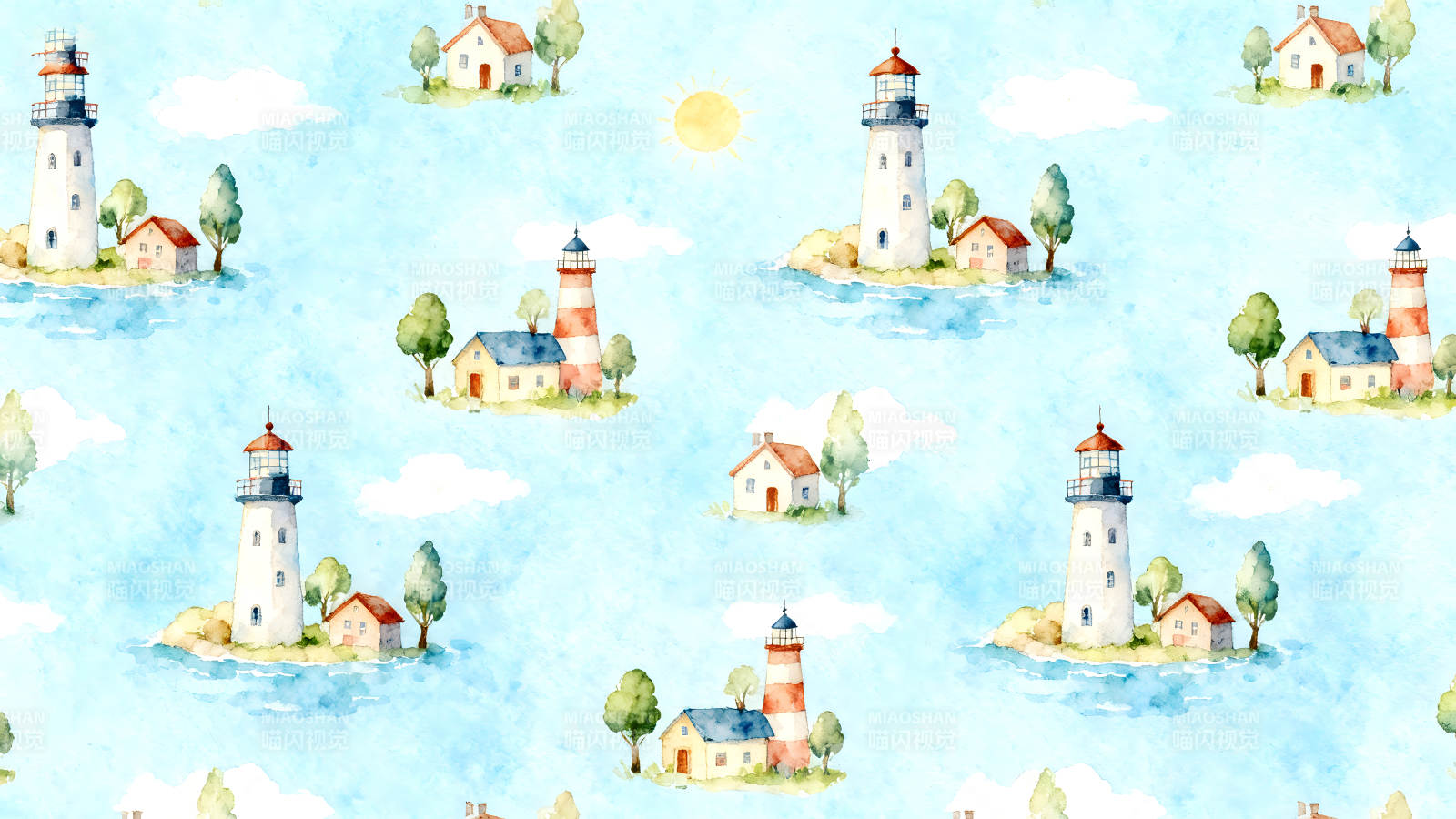 水彩風格的燈塔和房屋圖案-圖片