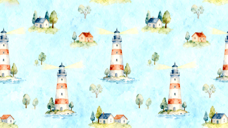 水彩風燈塔與房屋構成場景-圖片