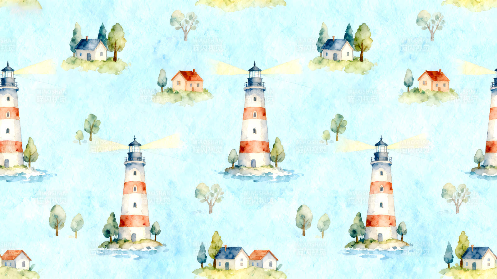水彩風(fēng)燈塔與房屋構(gòu)成場(chǎng)景-圖片