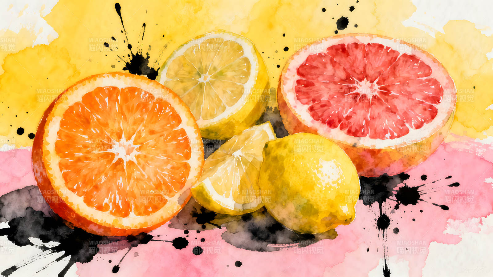水彩风格柑橘水果拼盘-图片