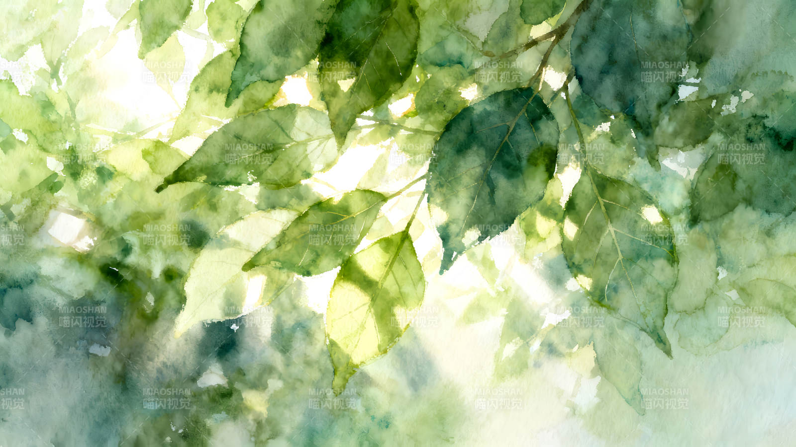 水彩畫綠葉陽光灑下清新自然-圖片