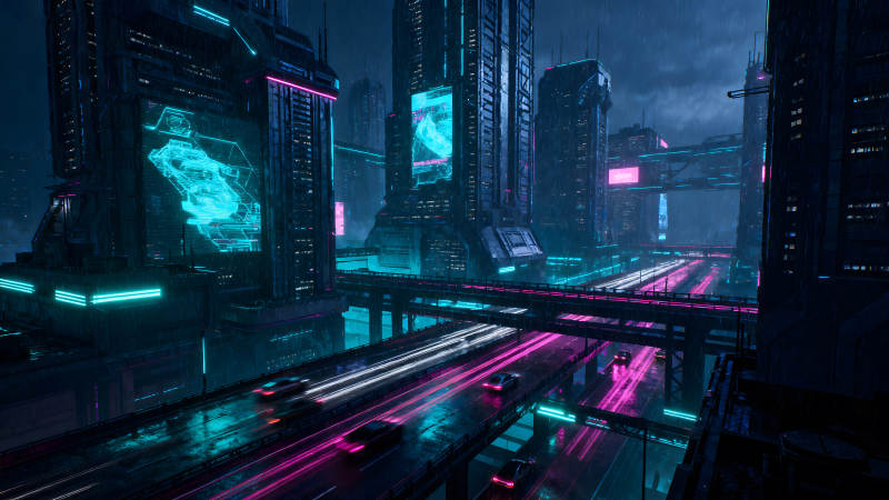 赛博朋克雨夜城市车流-图片