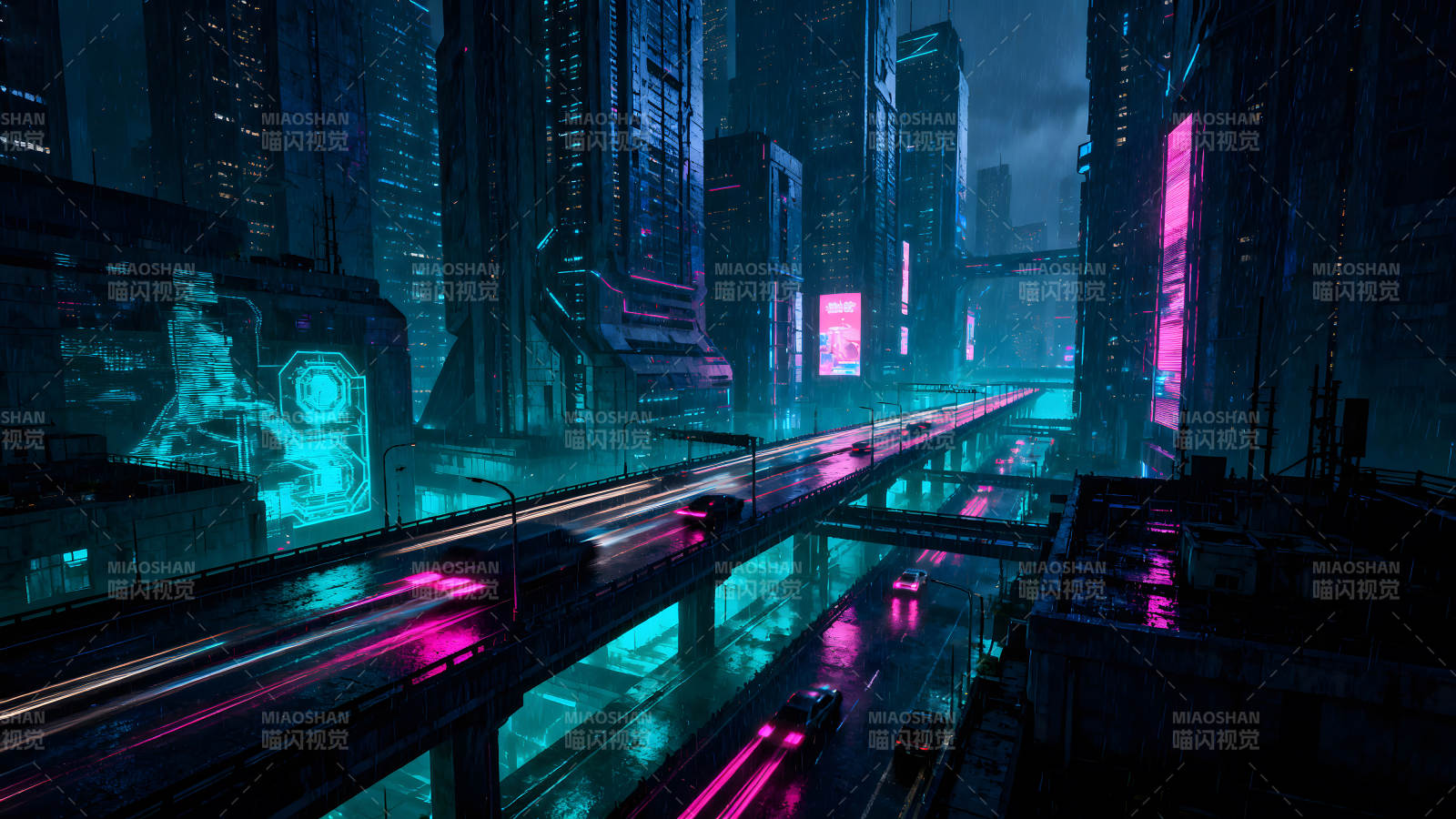 赛博朋克城市夜景雨中车流图片