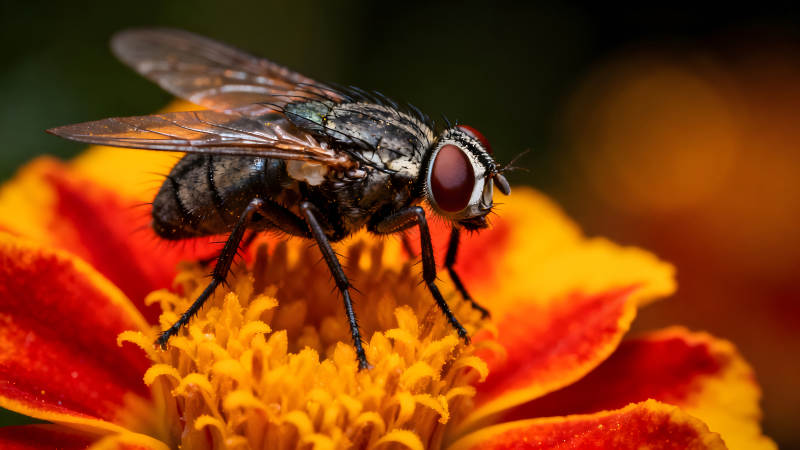 苍蝇停在花朵上特写图片