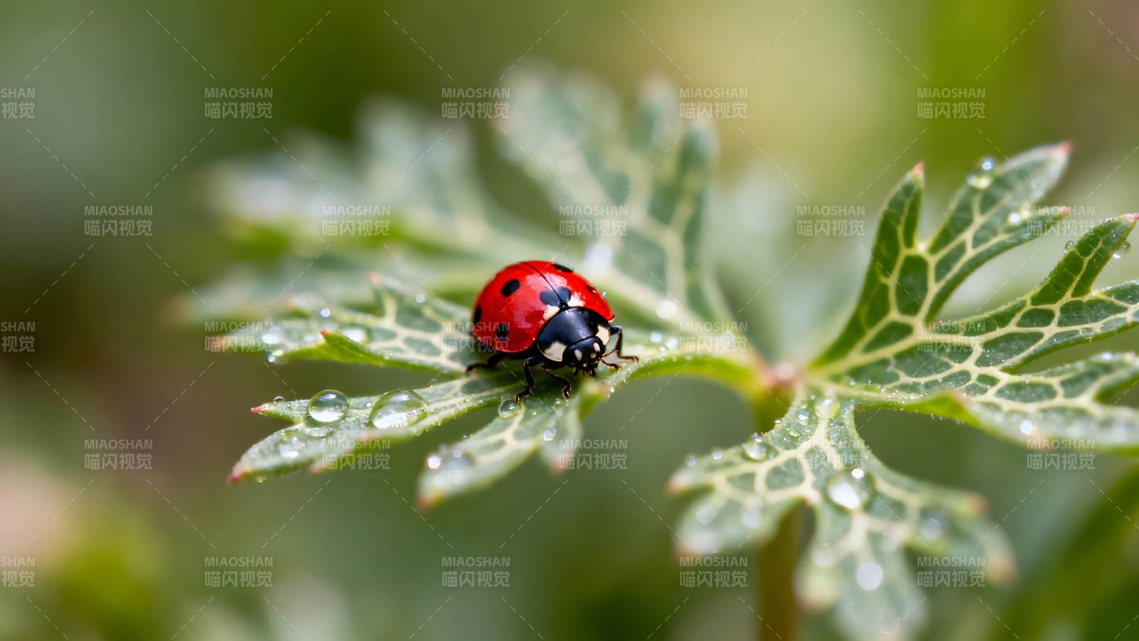 瓢虫停在叶片上水珠晶莹剔透图片