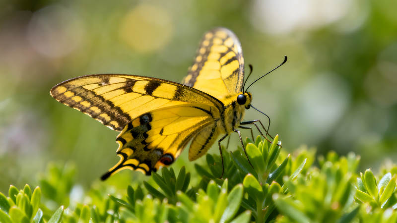 一只美丽的黄色蝴蝶栖息在绿叶上-图片