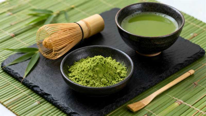 抹茶制作場景細膩綠色茶具齊備-圖片