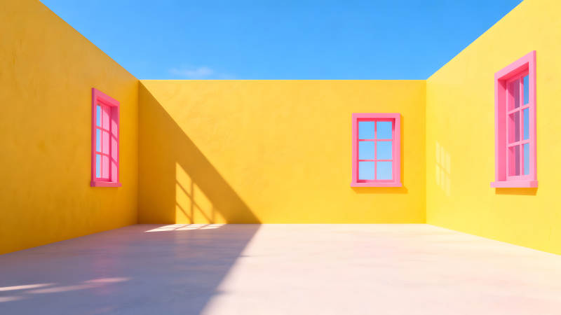 黃色墻壁粉色窗戶藍天背景-圖片