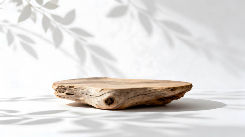 木制展示臺與葉影光線下的簡潔美感-圖片