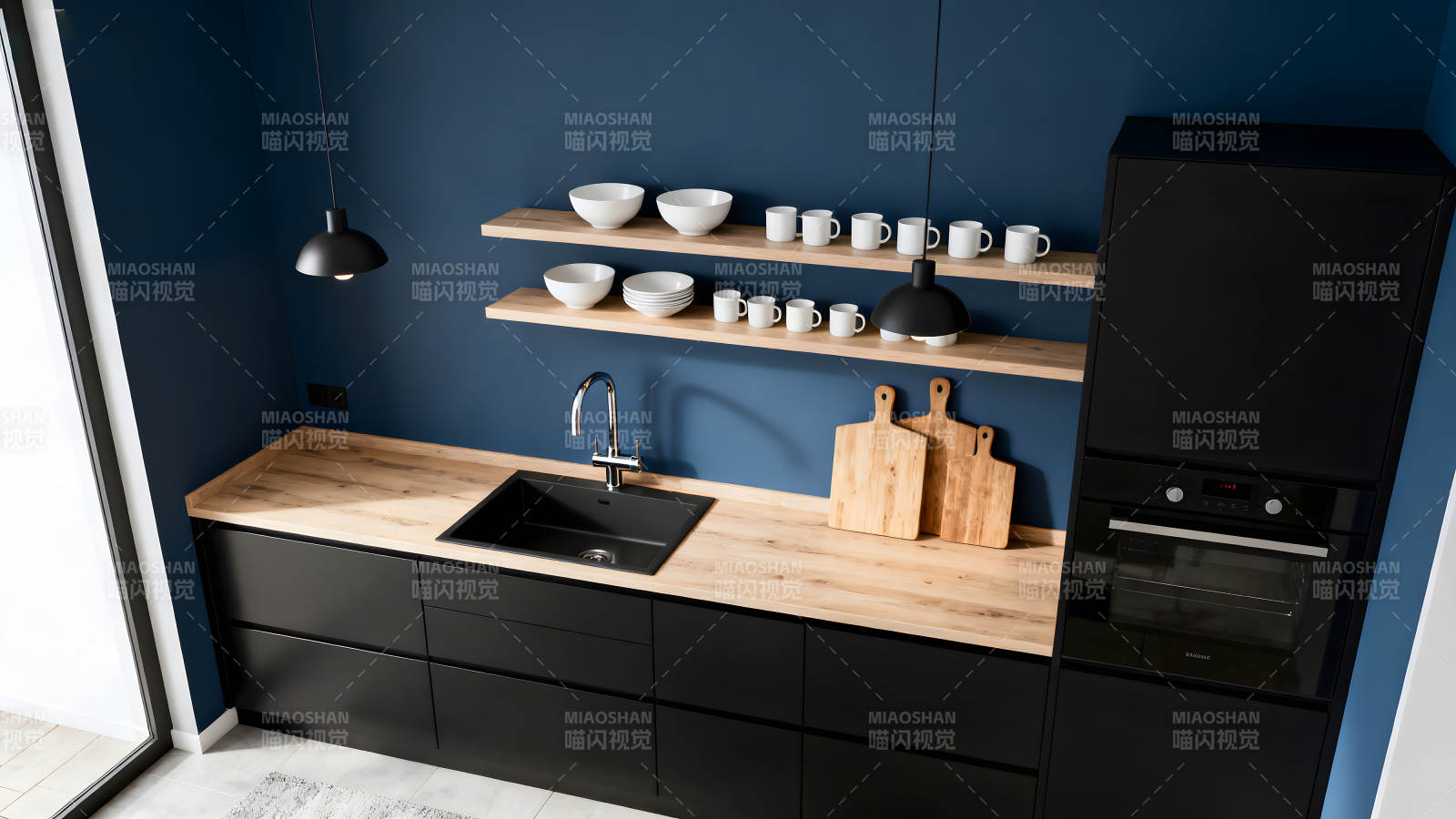 現代廚房設計黑白配藍色墻面-圖片