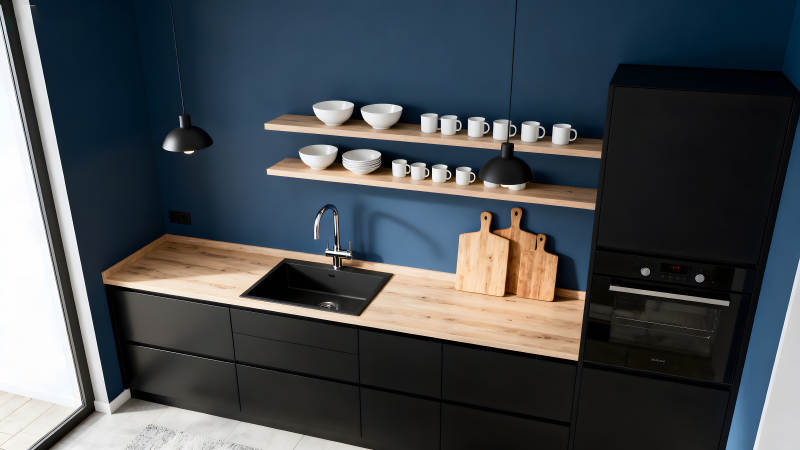 現代廚房設計黑白配藍色墻面-圖片