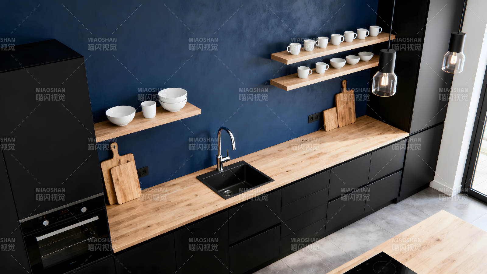 現代廚房設計黑白藍搭配-圖片