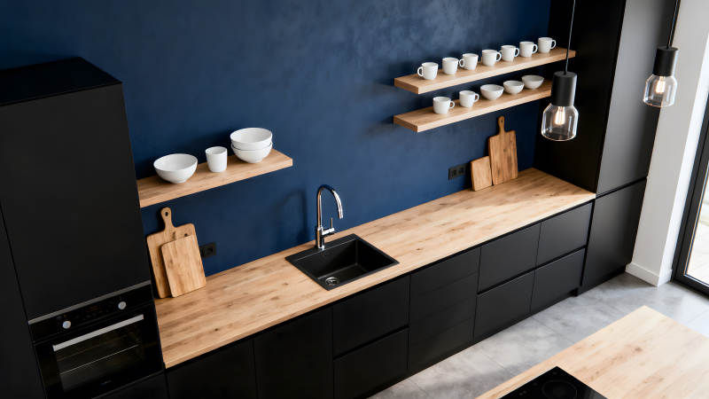 現代廚房設計黑白藍搭配-圖片