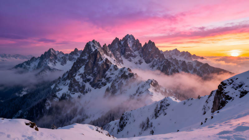 壯麗的雪山與晚霞交相輝映的絕美景色-圖片