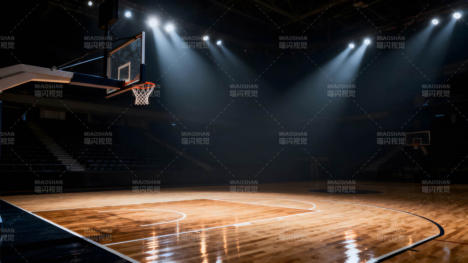 篮球场馆灯光下的木地板与球框-图片