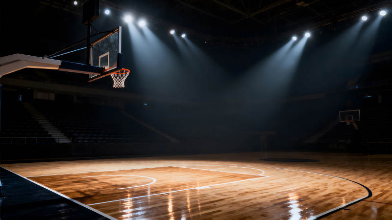 篮球场馆灯光下的木地板与球框-图片