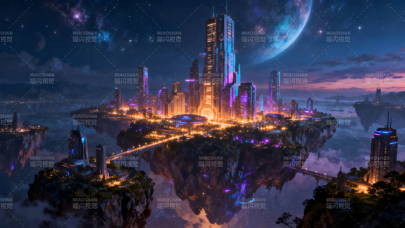未来都市夜景悬浮城市科技感-图片