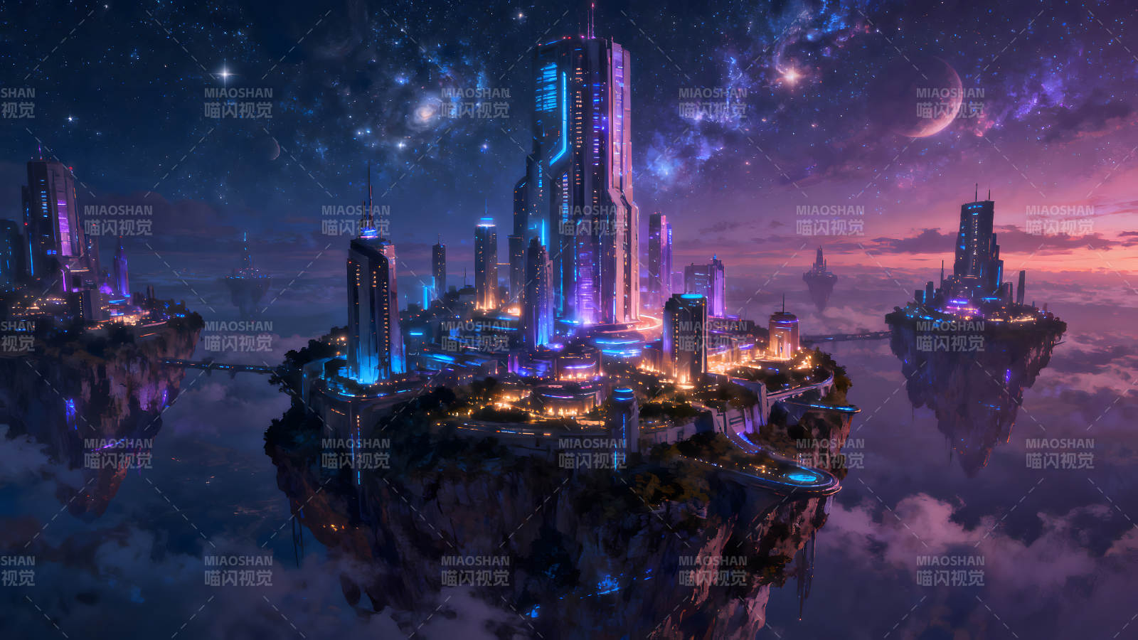未来城市浮岛夜空下的科幻之城-图片