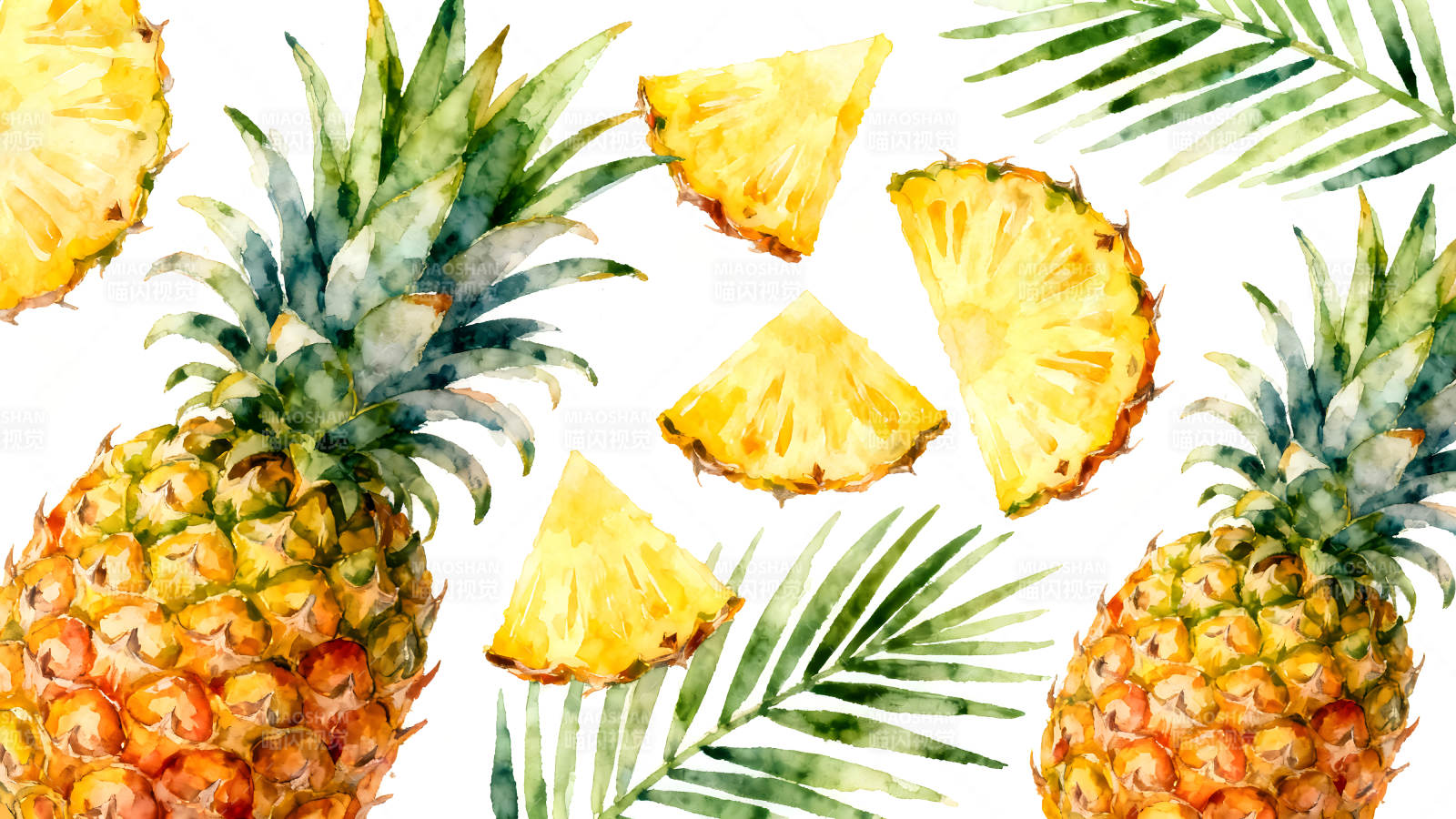 水彩菠萝和叶子图案-图片