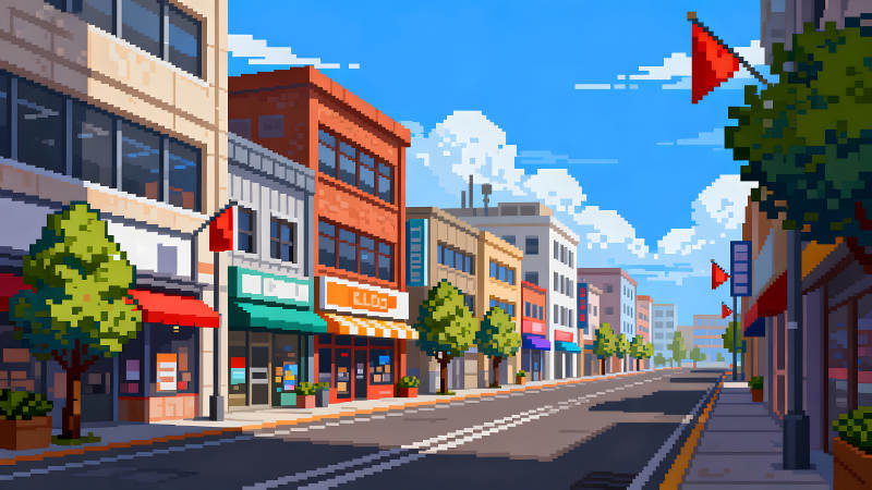 像素风街道风景阳光明媚建筑商店林立-图片