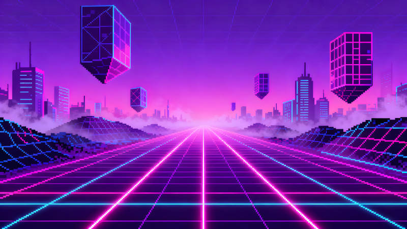 霓虹灯城市风景像素化风格-图片