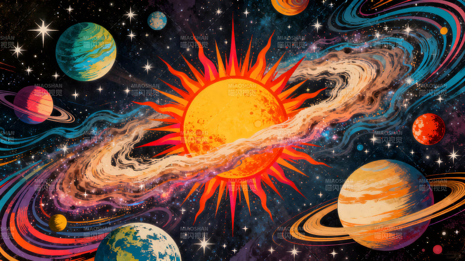 宇宙星辰絢麗多彩的太陽行星-圖片