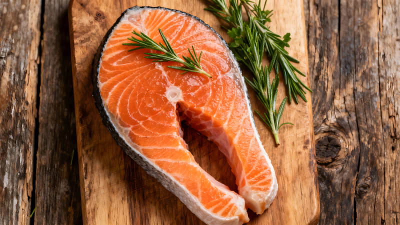 鲑鱼配迷迭香在木板上-图片